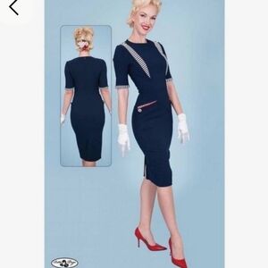 Tatyana Navy Blue Midi Dress with Striped Accents